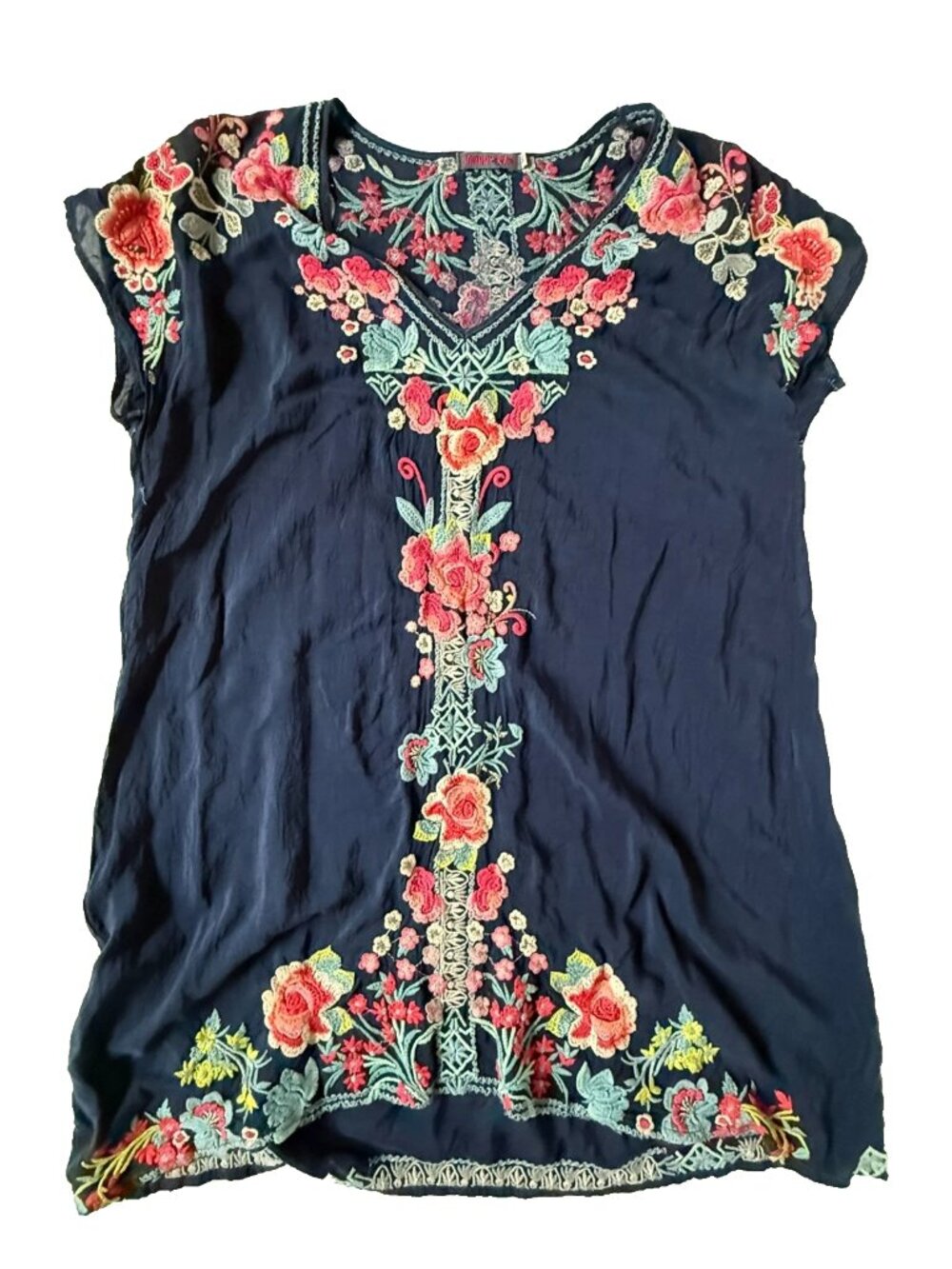 Johnny Was Women M Blue Embroidered Tunic Pari Blouse Floral Vneck Pullover Top